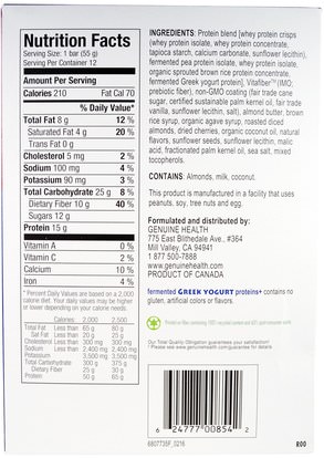 والرياضة، والبروتين أشرطة Genuine Health Corporation, Fermented Greek Yogurt Proteins +, Cherry Almond Vanilla, 12 Protein Bars, 1.94 oz (55 g) Each