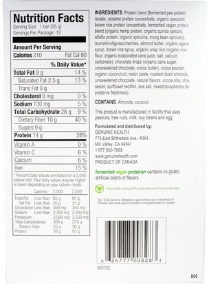 والرياضة، والبروتين أشرطة Genuine Health Corporation, Fermented Vegan Proteins +, Dark Chocolate Almond, 12 Protein Bars, 1.94 oz (55 g) Each