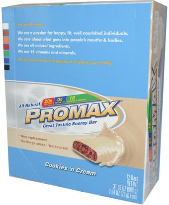 والرياضة، وقضبان البروتين، والهدايا استبدال وجبة Promax Nutrition, Energy Bars, Cookies N Cream, 12 Bars, 2.64 oz (75 g) Each