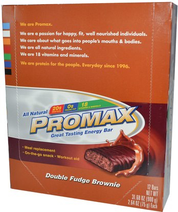 والرياضة، وقضبان البروتين، والهدايا استبدال وجبة Promax Nutrition, Energy Bars, Double Fudge Brownie, 12 Bars, 2.64 oz (75 g) Each
