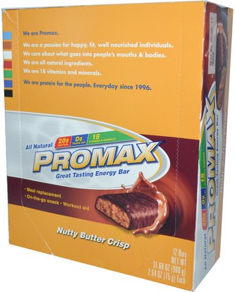 والرياضة، وقضبان البروتين، والهدايا استبدال وجبة Promax Nutrition, Energy Bars, Nutty Butter Crisp, 12 Bars, 2.64 (75 g) Each