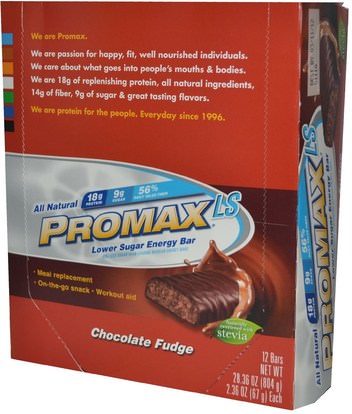 والرياضة، وقضبان البروتين، والهدايا استبدال وجبة Promax Nutrition, LS, Lower Sugar Energy Bar, Chocolate Fudge, 12 Bars, 2.36 oz (67 g) Each