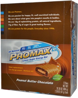 والرياضة، وقضبان البروتين، والهدايا استبدال وجبة Promax Nutrition, Promax LS, Lower Sugar Energy Bar, Peanut Butter Chocolate, 12 Bars, 2.36 oz (67 g) Each