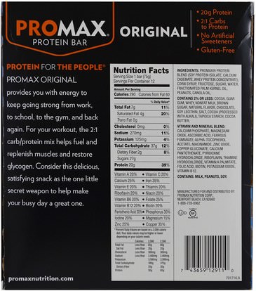 والرياضة، وقضبان البروتين، والهدايا استبدال وجبة Promax Nutrition, Protein Bar, Original, Chocolate Chip Cookie Dough, 12 Bars, 2.64 oz (75 g) Each