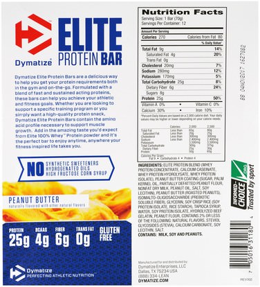 والرياضة، والحانات البروتين، والعضلات Dymatize Nutrition, Elite Protein Bar, Peanut Butter, 12 Bars, 2.47 oz (70 g)