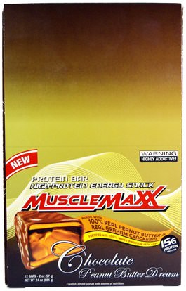 والرياضة، والبروتين أشرطة MuscleMaxx, High-Protein Energy Snack, Chocolate Peanut Butter Dream, 12 Bars, 2 oz (57 g) Each