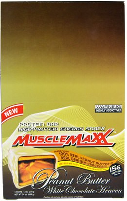 والرياضة، والبروتين أشرطة MuscleMaxx, High-Protein Energy Snack, Protein Bar, Peanut Butter White Chocolate Heaven, 12 Bars, 2 oz (57 g)