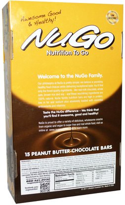 والرياضة، والبروتين أشرطة NuGo Nutrition, Nutrition To Go, Peanut Butter Chocolate Bars, 15 Bars, 1.76 oz (50 g) Each