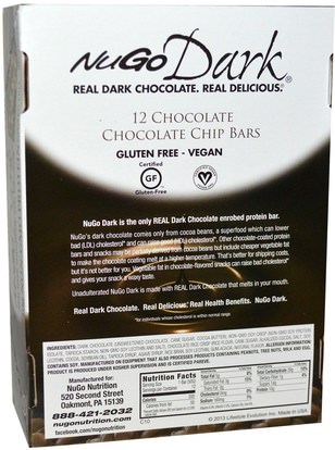 والرياضة، والبروتين أشرطة NuGo Nutrition, Organic Protein Bars, Dark Chocolate Chip, 12 Bars, 1.76 oz (50 g) Each