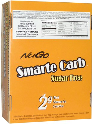 والرياضة، والبروتين أشرطة NuGo Nutrition, Smarte Carb Sugar Free, Peanut Butter Crunch Bars, 12 -1.76 oz (50 g) Bars