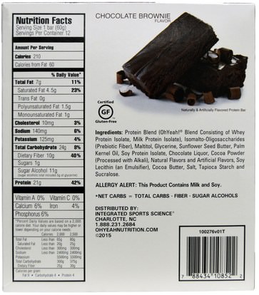 والرياضة، والبروتين أشرطة Oh Yeah!, One Bar, Chocolate Brownie Flavor, 12 Bars, 2.12 oz (60 g) Each