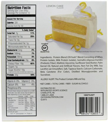 والرياضة، والبروتين أشرطة Oh Yeah!, One Bar, Lemon Cake Flavor, 12 Bars, 2.12 oz (60 g) Each