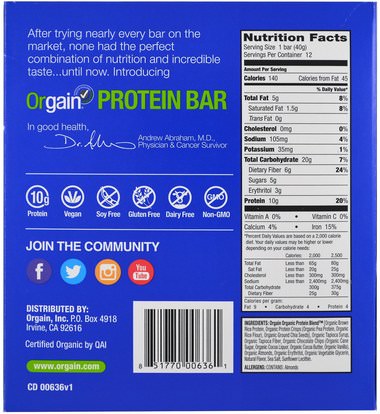 والرياضة، والبروتين أشرطة Orgain, Organic Plant-Based Protein Bar, Chocolate Chip Cookie Dough, 12 Bars, 1.41 oz (40 g) Each
