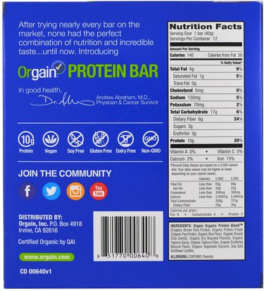 والرياضة، والبروتين أشرطة Orgain, Organic Plant-Based Protein Bar, Peanut Butter, 12 Bars, 1.41 oz (40 g) Each