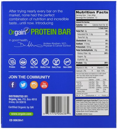 والرياضة، والبروتين أشرطة Orgain, Organic Plant-Based Protein Bar, Peanut Butter Chocolate Chunk, 12 Bars, 1.41 oz (40 g) Each