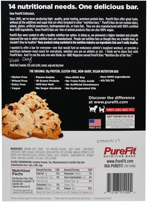 والرياضة، والبروتين أشرطة Pure Fit Bars, Premium Nutrition Bars, Peanut Butter Chocolate Chip, 15 Bars, 2 oz (57 g) Each