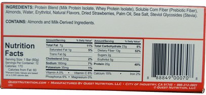 والرياضة، والبروتين أشرطة Quest Nutrition, QuestBar, Protein Bar, Strawberry Cheesecake, 12 Bars, 2.1 oz (60 g) Each