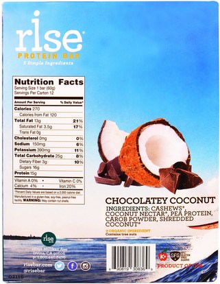 والرياضة، والبروتين أشرطة Rise Bar, Rise Protein Bar, Chocolatey Coconut, 12 Bars, 2.1 oz (60 g) Each