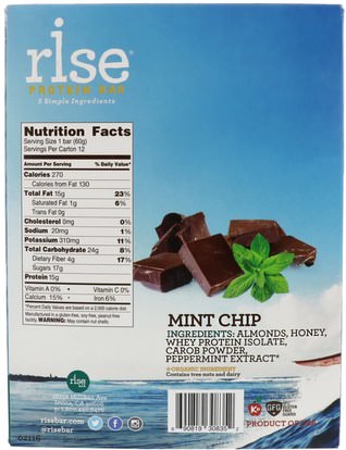 والرياضة، والبروتين أشرطة Rise Bar, Rise Protein Bar, Mint Chip, 12 Bars, 2.1 oz (60 g) Each