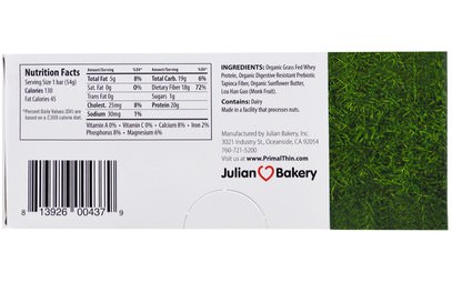 والرياضة، والبروتين أشرطة The Julian Bakery, PrimalThin Protein Bar, Sweet Cream, 12 Bars, 1.9 oz (54 g) Each