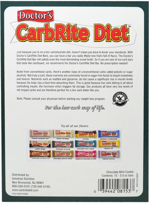 والرياضة، والبروتين أشرطة Universal Nutrition, Doctors CarbRite Diet, Sugar Free Bar, Chocolate Mint Cookie, 12 Bars, 2.00 oz (56.7 g) Each