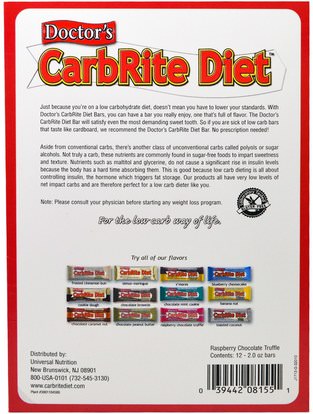 والرياضة، والبروتين أشرطة Universal Nutrition, Doctors CarbRite Diet, Sugar Free Bar, Raspberry Chocolate Truffle, 12 Bars, 2.00 oz (56.7 g) Each