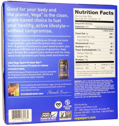والرياضة، والبروتين أشرطة Vega, Sport Protein Bar, Chocolate Coconut, 12 Bars, 2.14 oz (60 g) Each
