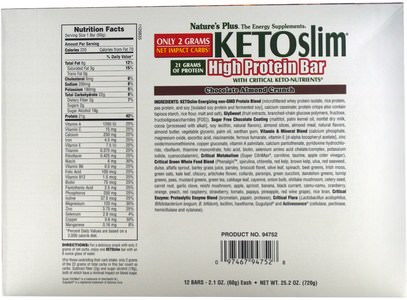 والرياضة، والبروتينات، وفقدان الوزن، والنظام الغذائي Natures Plus, Ketoslim, High Protein Bar, Chocolate Almond Crunch, 12 Bars, 2.1 oz (60 g) Each
