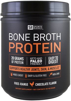 Sports Research, Bone Broth Protein, Chocolate, 18.9 oz (536 g) ,الطعام، كيتو، حبي، بروتين