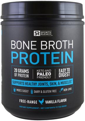 Sports Research, Bone Broth Protein, Vanilla, 17.7 oz ( 502 g) ,الطعام، كيتو، حبي، بروتين