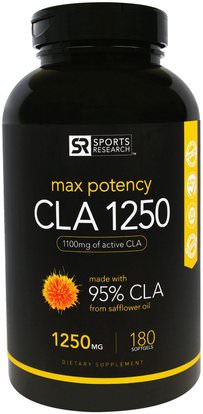 Sports Research, CLA 1250, Max Potency, 1250 mg, 180 Softgels ,وفقدان الوزن، والنظام الغذائي، كلا (مترافق حمض اللينوليك)، والصحة