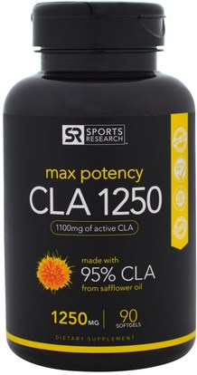 Sports Research, CLA 1250, Max Potency, 1250 mg, 90 Softgels ,وفقدان الوزن، والنظام الغذائي، كلا (مترافق حمض اللينوليك)، والرياضة