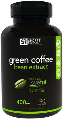 Sports Research, Green Coffee Bean Extract, 400 mg, 90 Softgels ,والمكملات الغذائية، ومضادات الأكسدة، واستخراج حبوب البن الخضراء