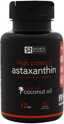 Sports Research, High Potency Astaxanthin, 12 mg, 60 Veggie Softgels ,المكملات الغذائية، مضادات الأكسدة، أستازانتين