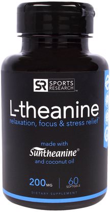 Sports Research, L-theanine, 200 mg, 60 Softgels ,المكملات الغذائية، ل الثيانين، ومكافحة الإجهاد دعم المزاج