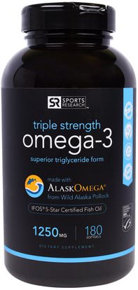 Sports Research, Omega-3,Triple Strength, 1250 mg, 180 Softgels ,المكملات الغذائية، إيفا أوميجا 3 6 9 (إيبا دا)، أوميغا 369 قبعات / علامات التبويب