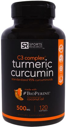 Sports Research, Turmeric Curcumin, C3 Complex, 500 mg, 120 Softgels ,المكملات الغذائية، مضادات الأكسدة، الكركمين