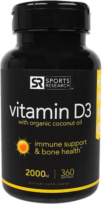 Sports Research, Vitamin D3 With Organic Coconut Oil, 2000 IU, 360 Softgels ,الفيتامينات، فيتامين d3