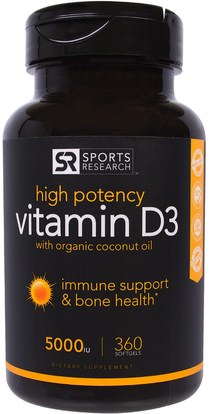 Sports Research, Vitamin D3 With Organic Coconut Oil, 5000 IU, 360 Softgels ,Herb-sa