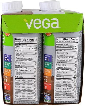 والرياضة، والرياضة، والبروتين Vega, Protein + Shake, Chocolate, 4 Pack, 11 fl oz (325 ml) Each