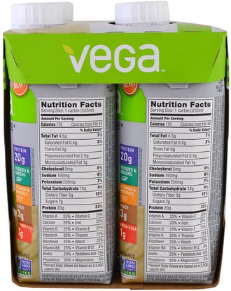 والرياضة، والرياضة، والبروتين Vega, Protein + Shake, Vanilla Flavored, 4 Cartons, 11 oz (325 ml) Each