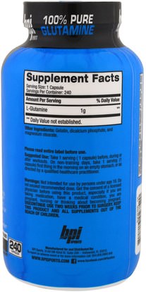 والرياضة، والمكملات الغذائية، والأحماض الأمينية BPI Sports, 100% Pure Glutamine, Limited Edition, Essential Amino For Muscle Recovery, 1,000 mg, 240 Capsules