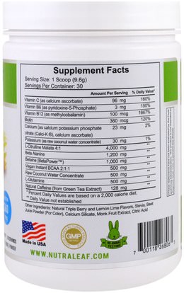 والرياضة، والمكملات الغذائية، بكا (متفرعة سلسلة الأحماض الأمينية) NutraLeaf Nutrition, Pre-Workout Drink Mix Powder, Vegan, Natural Raspberry Lemonade, 10.15 oz (288 g)
