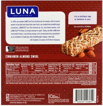 والرياضة، والمكملات الغذائية، والبروتين Clif Bar, Luna, Cinnamon Almond Swirl, 12 Bars, 1.48 oz (42 g) Each