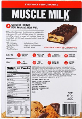والرياضة، والمكملات الغذائية، والبروتين Cytosport, Inc, Muscle Milk, Protein Bar, Chocolate Peanut Butter, 12 Bars, 2.25 oz (64 g) Each