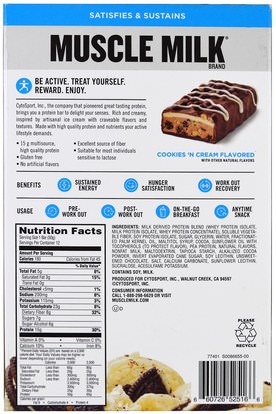 والرياضة، والمكملات الغذائية، والبروتين Cytosport, Inc, Muscle Milk, Protein Bar, Cookies N Cream, 12 Bars, 1.76 oz (50 g) Each