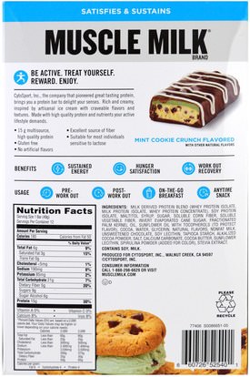 والرياضة، والمكملات الغذائية، والبروتين Cytosport, Inc, Muscle Milk, Protein, Mint Cookie Crunch, 12 Bars, 1.72 oz (49 g) Each