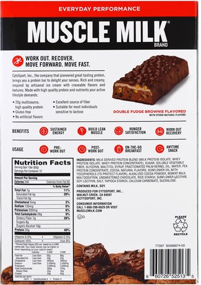 والرياضة، والمكملات الغذائية، والبروتين Cytosport, Inc, Muscle Milk Red Bar, Fudge Brownie, 12 Bars, 2.22 oz (63 g) Each