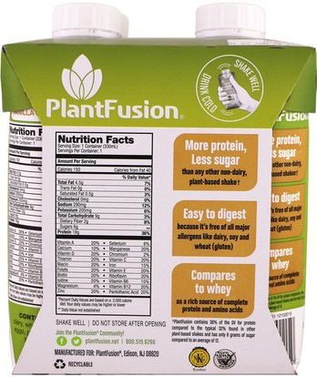 والرياضة، والمكملات الغذائية، والبروتين PlantFusion, Complete Plant Protein, Vanilla Bean, 4 Pack, 11 fl oz (330 ml) Each