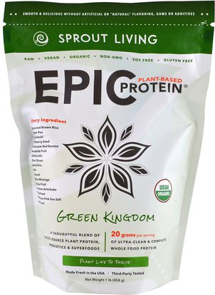 Sprout Living, Epic Plant-Based Protein, Green Kingdom, 1 lb (454 g) ,والمكملات الغذائية، والبروتين